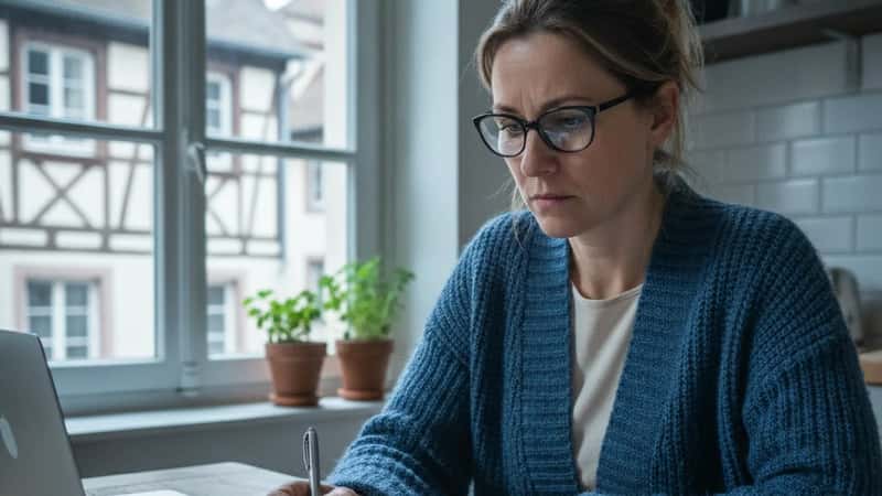 Une femme de 40 ans en cardigan bleu examine des documents de contrôle technique et l'historique d'un véhicule à une table de cuisine à Strasbourg