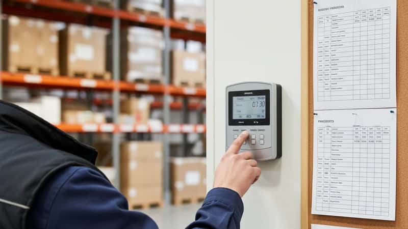 Dansk lagermedarbejder registrerer arbejdstid på digital terminal i Aarhus distributionscenter