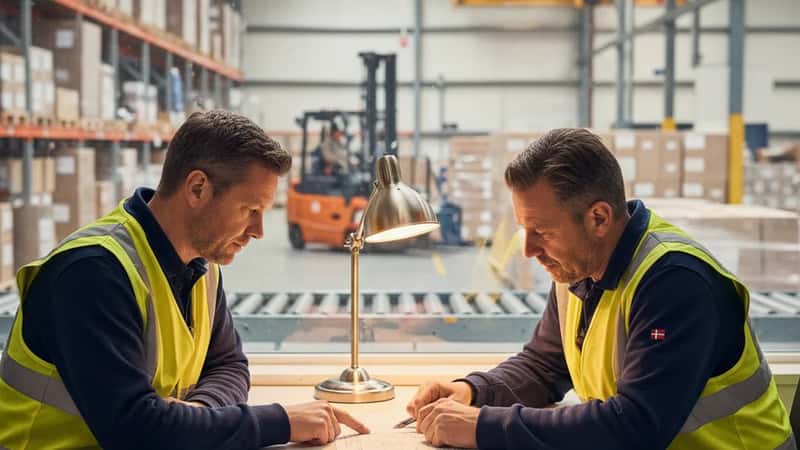 To danske logistikmedarbejdere gennemgår overtidslønssedler ved bord i Aarhus lagerkontor