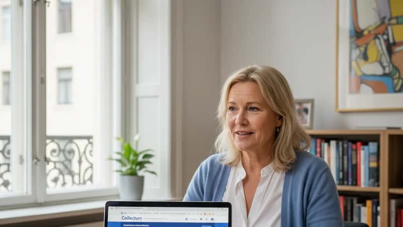 Svensk HR-chef i 50-årsåldern på videomöte med pensionsrådgivare, hemmakontor i Göteborg