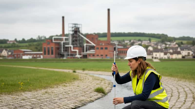 Latina environmental scientist collecting water samples near an industrial site in New Jersey, focused on fieldwork