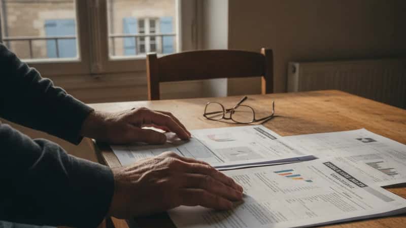 Auditeur énergétique examinant un rapport DPE et un audit sur une table de cuisine à Nantes