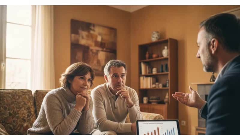 Couple écoutant un auditeur expliquer les scénarios de rénovation énergétique dans un salon à Toulouse
