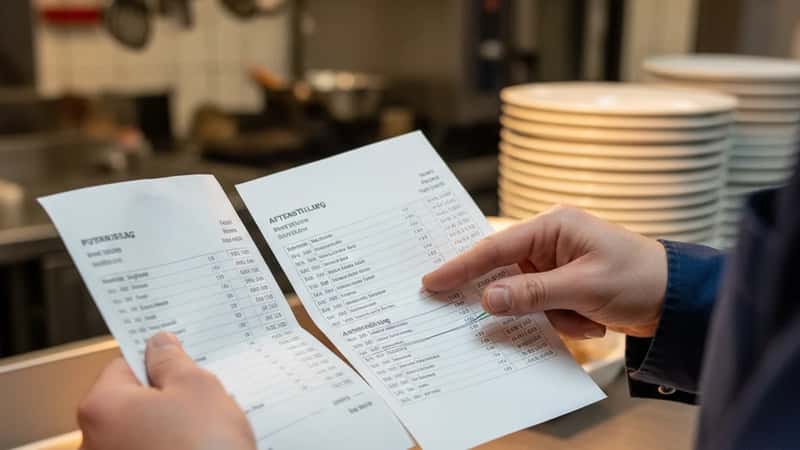 Restaurantansat i Aalborg gennemgår lønseddel og vagtplan ved en lommeregner for at kontrollere genetillæg