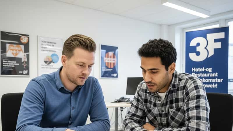 3F faglig rådgiver i Odense-fagforeningskontor viser lønregler til en ung restaurantansat