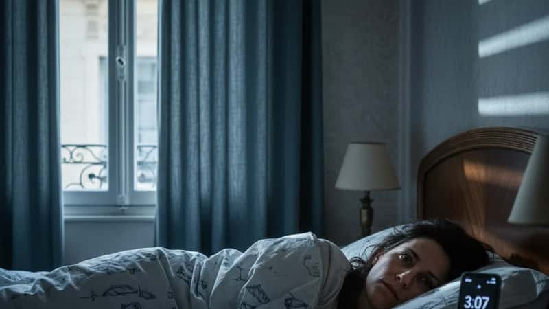Femme française réveillée à 3h du matin dans un appartement toulousain, fixant le plafond, insomnie caractéristique du burn-out en phase avancée