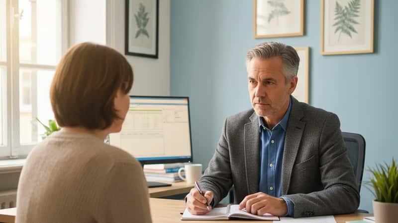 Médecin généraliste français en consultation clinique, prenant des notes pendant qu'il écoute un patient décrire des symptômes d'épuisement professionnel
