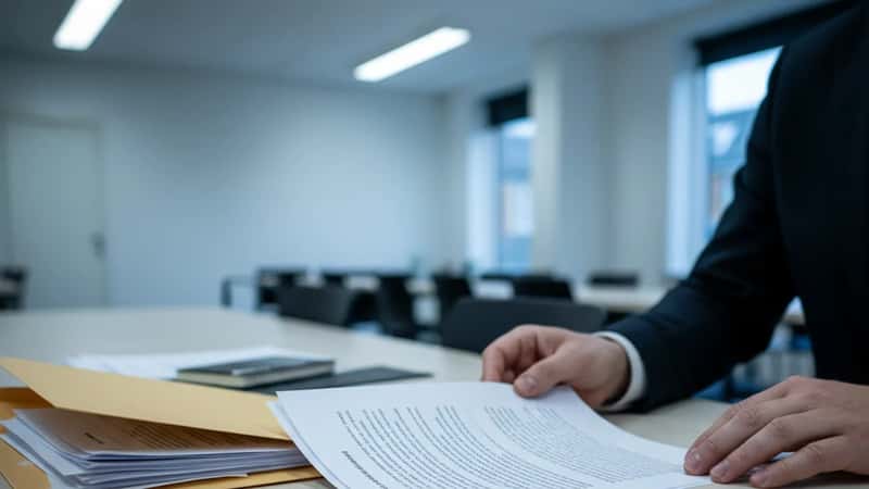Dansk funktionær gennemgår formelle ansættelsesdokumenter ved et skrivebord i et handelsfirma i Esbjerg