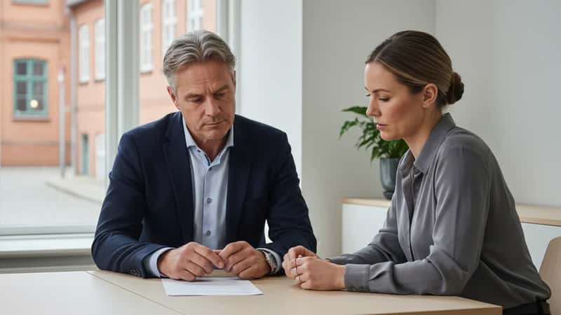 Dansk medarbejder i forretningstøj har en alvorlig samtale med en HR-medarbejder over et mødebord i et privat kontor i Aalborg