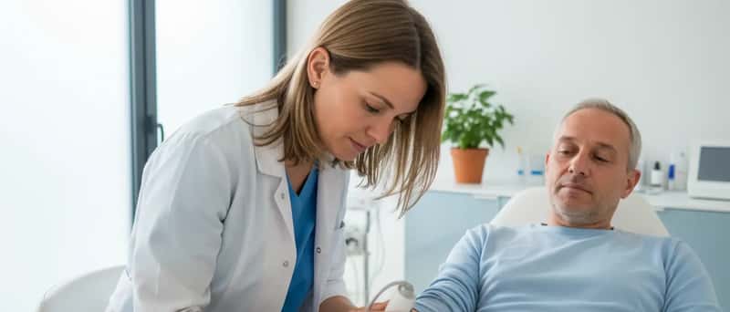 Dermatologist examining a patient's arm with a dermatoscope in a private clinic