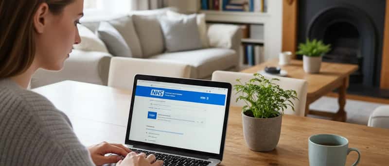 Person searching for a dermatologist on a laptop at home with a notepad beside them