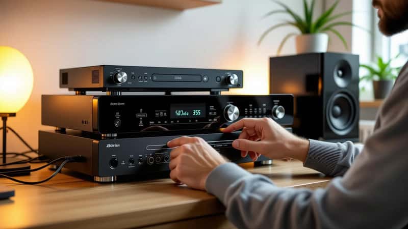 AV-receiver med Dolby Atmos-avkodning aktiv, händer justerar inställningar, komponentelektronik i bakgrunden