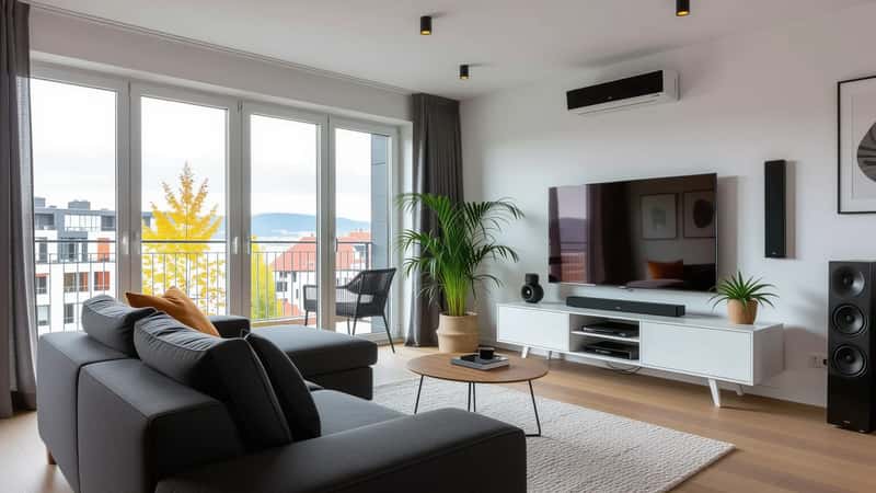 Takmonterad surroundhögtalare i ett modernt skandinaviskt vardagsrum i Malmö, naturligt dagsljus, minimalistisk inredning