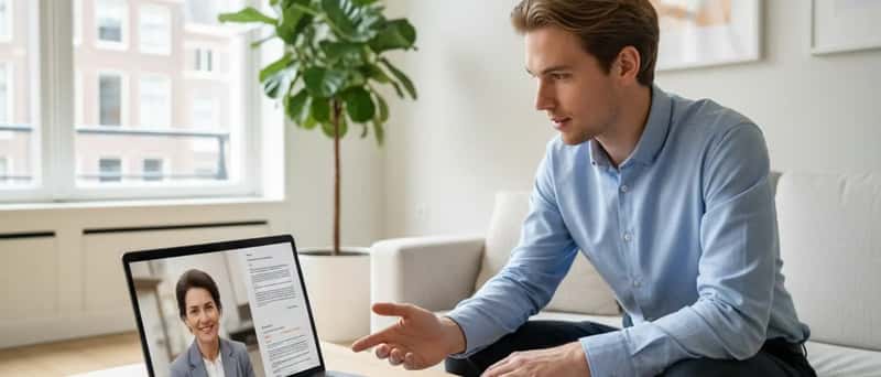 Jonge man bespreekt juridische documenten via videogesprek op zijn laptop in een lichte woonkamer
