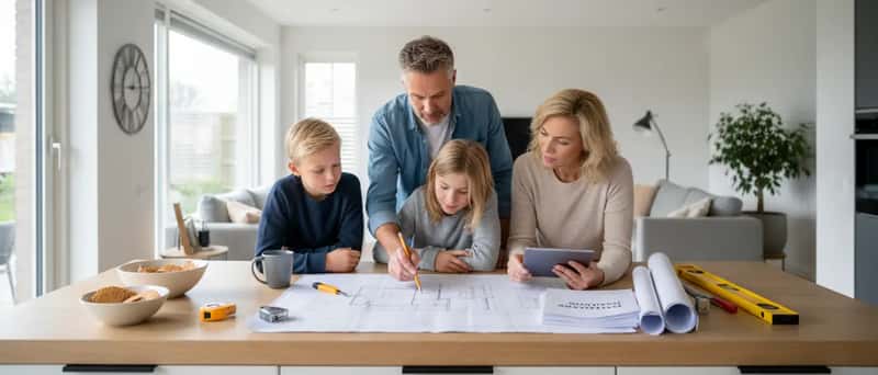 Nederlands gezin bekijkt verbouwingsplannen en offertes aan de keukentafel met gereedschap en bouwtekeningen