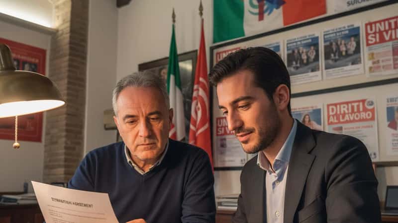Lavoratore farmaceutico a Roma esamina la lettera di licenziamento con il rappresentante sindacale