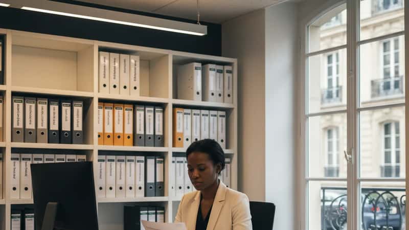 HR professional in Houston corporate office reviewing wage documents at an organized desk with employee handbooks visible