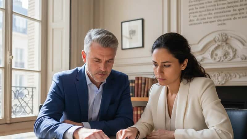 Two Texas office workers reviewing an employment contract together at a conference table in a San Antonio law office, one pointing at a specific clause