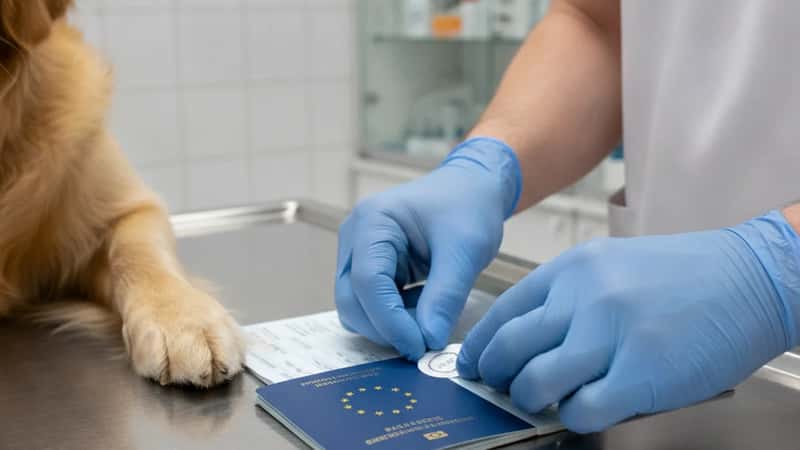 Veterinärhänder registrerar vaccinationsintyg i blått EU-pass för hund med golden retriever-tass synlig i förgrunden
