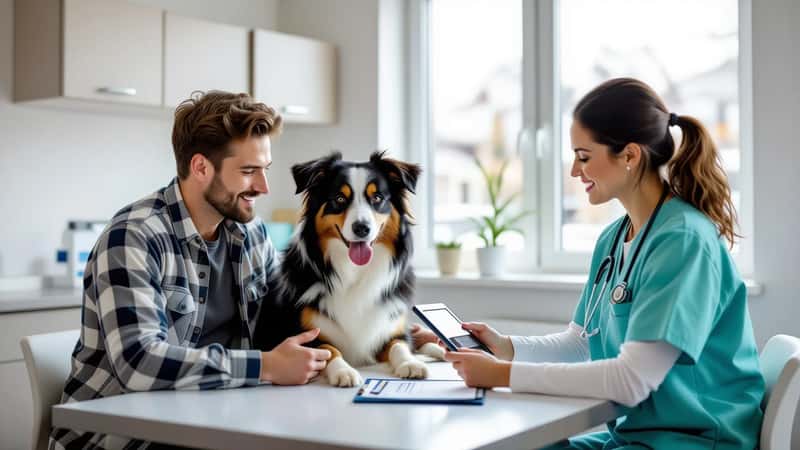 Svensk hundägare och veterinär diskuterar vaccinationsschema vid digital skärm i ljus mottagningslokal i Malmö