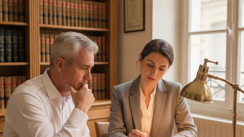 Un homme de 55 ans consulte une avocate dans un cabinet de notaire à Rennes pour discuter des options successorales