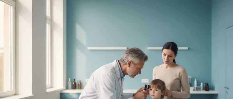 Heimilislæknir skoðar eyra barns á heilsugæslustöð á Íslandi