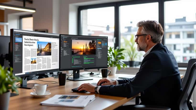 Giornalista italiano in redazione moderna con interfaccia AI visibile sullo schermo