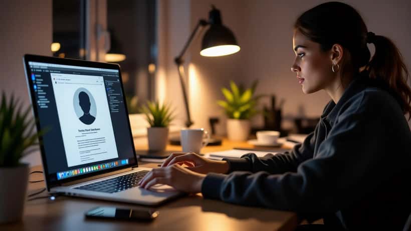 Person at a night-lit desk viewing an anonymous social media profile beside a printed legal letter