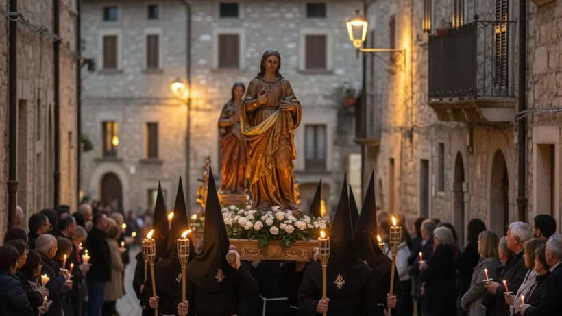 Processione del Venerdì Santo con confraternite in abiti tradizionali in un centro storico italiano