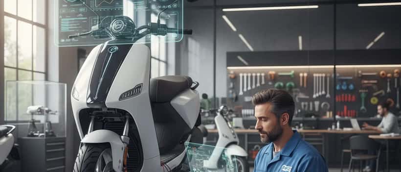 Un meccanico italiano in officina che ispeziona uno scooter elettrico con strumenti diagnostici