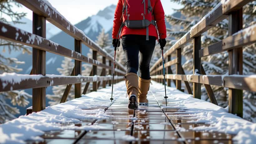 Randonneuse glissant sur une passerelle en bois givrée dans le Jura suisse au petit matin