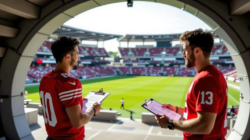 Jogador de futebol profissional revê documentos contratuais junto à entrada de um estádio asiático moderno