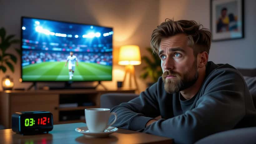 Træt dansk mand ser VM 2026 kamp på TV klokken 03:12 om natten i mørkt stuerum