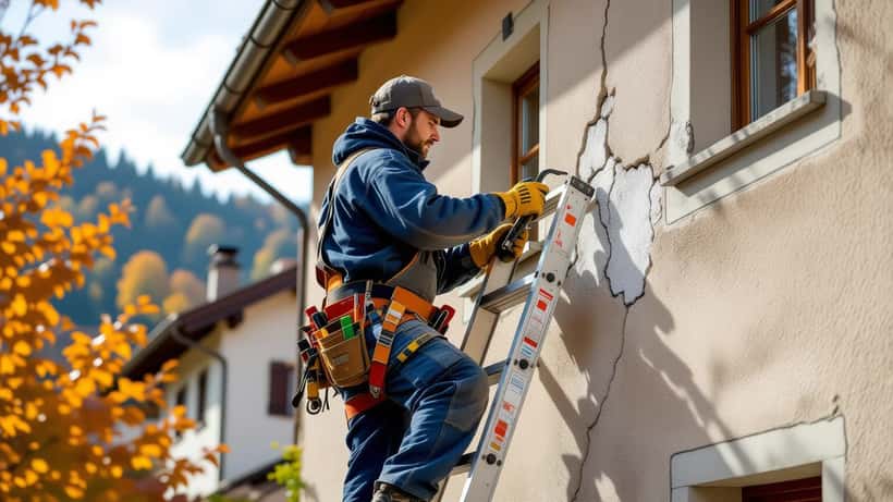 Artisan en bleu de travail inspecte la façade d'une maison suisse par beau temps d'automne