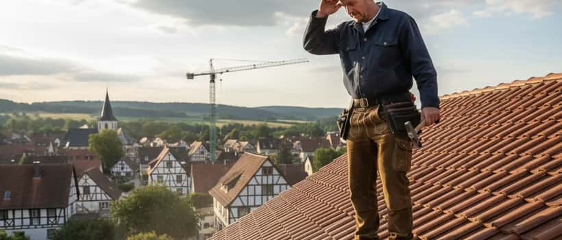Handwerker begutachtet Schäden an einem Dach nach einem Meteoriteneinschlag