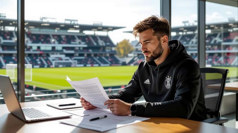 Professional soccer player reviewing legal contract documents at desk with soccer stadium visible through glass windows in Harrison New Jersey