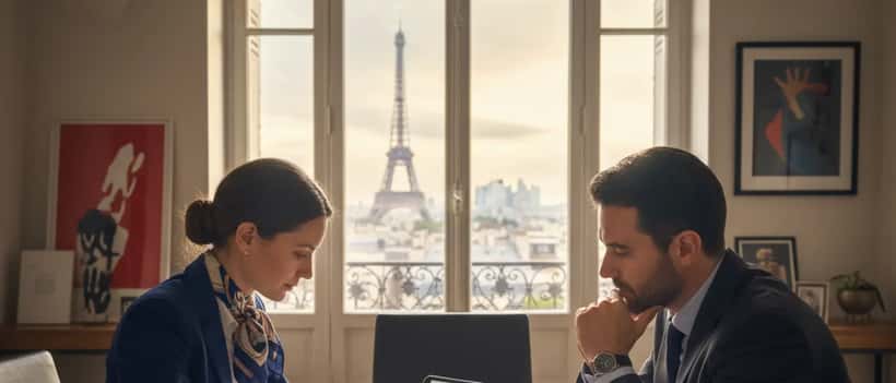 Conseiller financier français discutant d'un portefeuille d'investissement avec un client dans un bureau parisien
