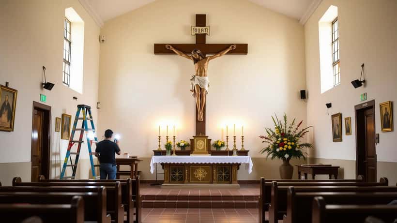 Ouvrier inspectant les ancrages d'un grand crucifix de bois fixé au mur d'une église