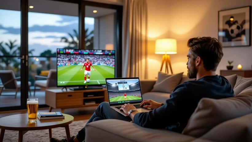 Australian football fan watching France vs Belgium Nations League live stream on laptop with copyright warning notification in Sydney apartment
