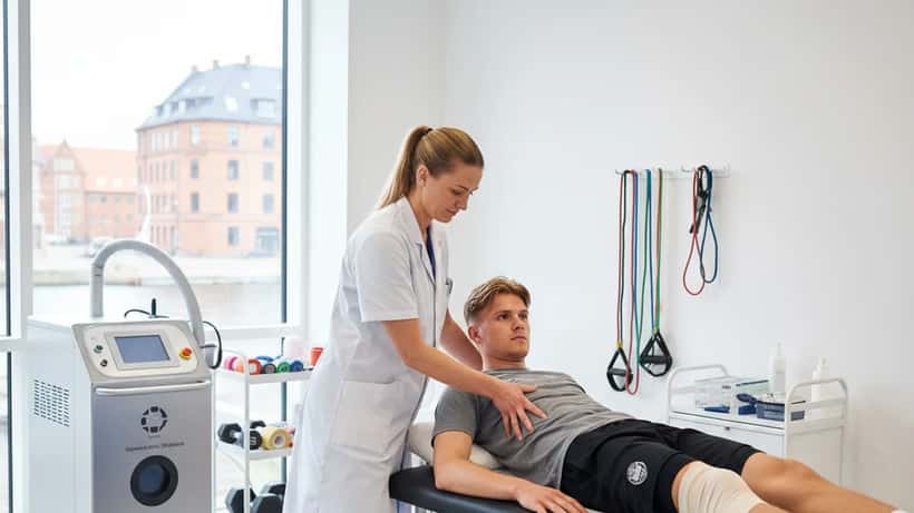 Dansk fodboldspiller modtager sportsmedicinsk behandling hos en fysioterapeut i et moderne klinisk miljø i København