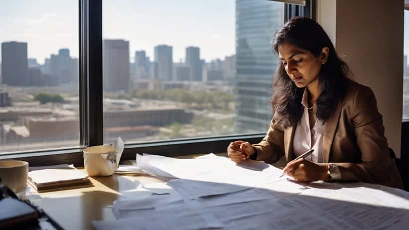 Working mother reviewing employment contract documents at a professional desk with baby carrier visible