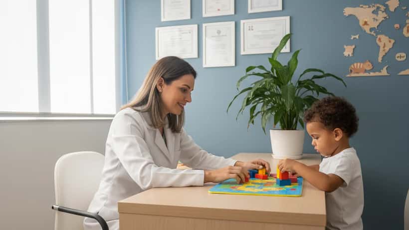 Pediatra brasileira em consulta com criança pequena em clínica em São Paulo