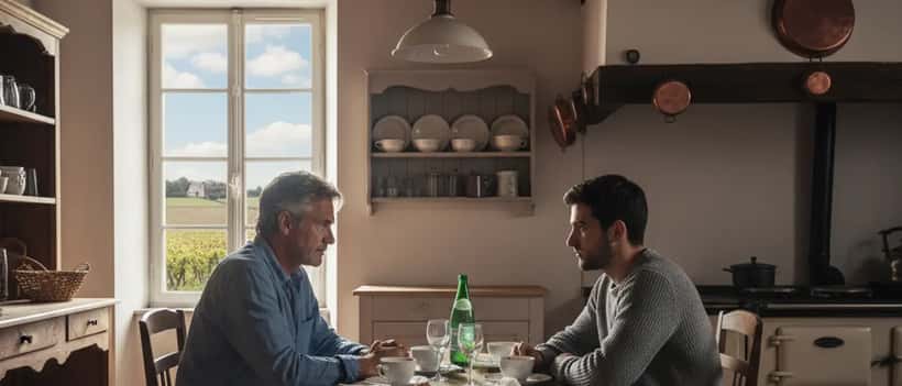 Père et fils adulte en conversation difficile dans un salon