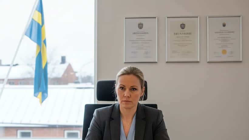 Svensk advokat granskar brottsofferdokument vid sitt skrivbord i Stockholm