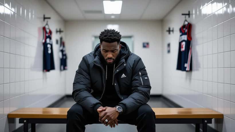 African-American man sitting alone on a locker room bench with head bowed, empty NBA locker room, dimly lit, mental health and athlete depression concept
