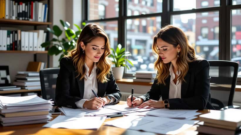 A writer in a New York office reviews a ghostwriting contract with manuscript pages spread on the desk