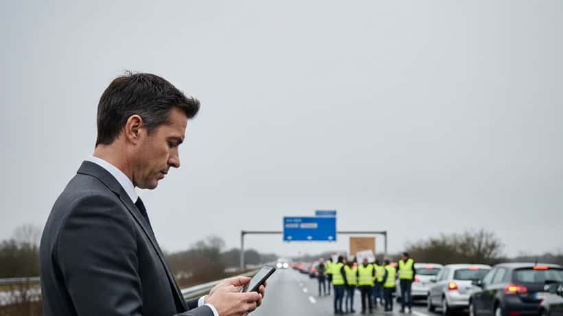 Avocat français devant un blocage d'autoroute avec des manifestants en arrière-plan