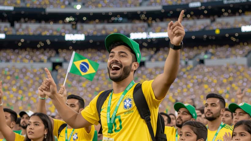 Torcedor brasileiro bebendo água sob calor intenso na entrada de estádio da Copa 2026 em Houston