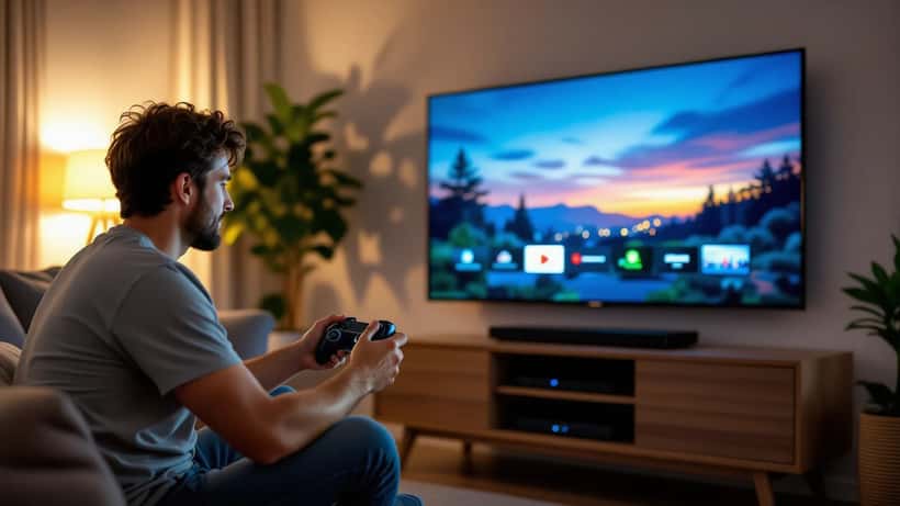 Man adjusting picture settings on a wall-mounted OLED television in a dark Australian living room with a games console below