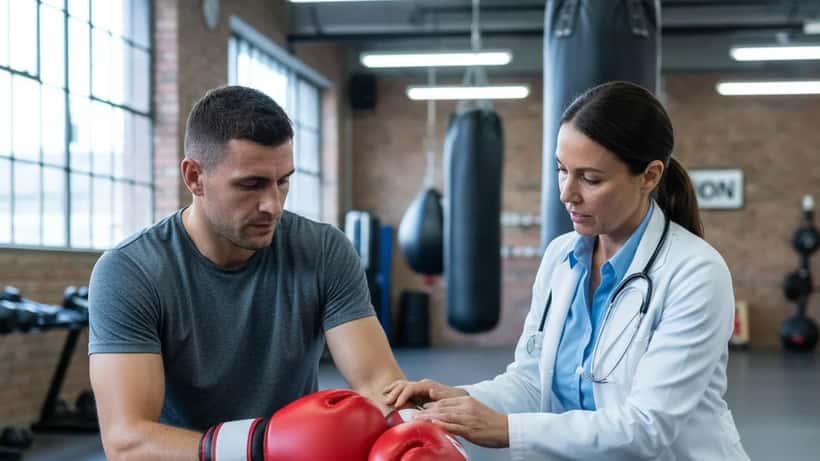 Amateur boxer getting sports medicine check at boxing gym in London